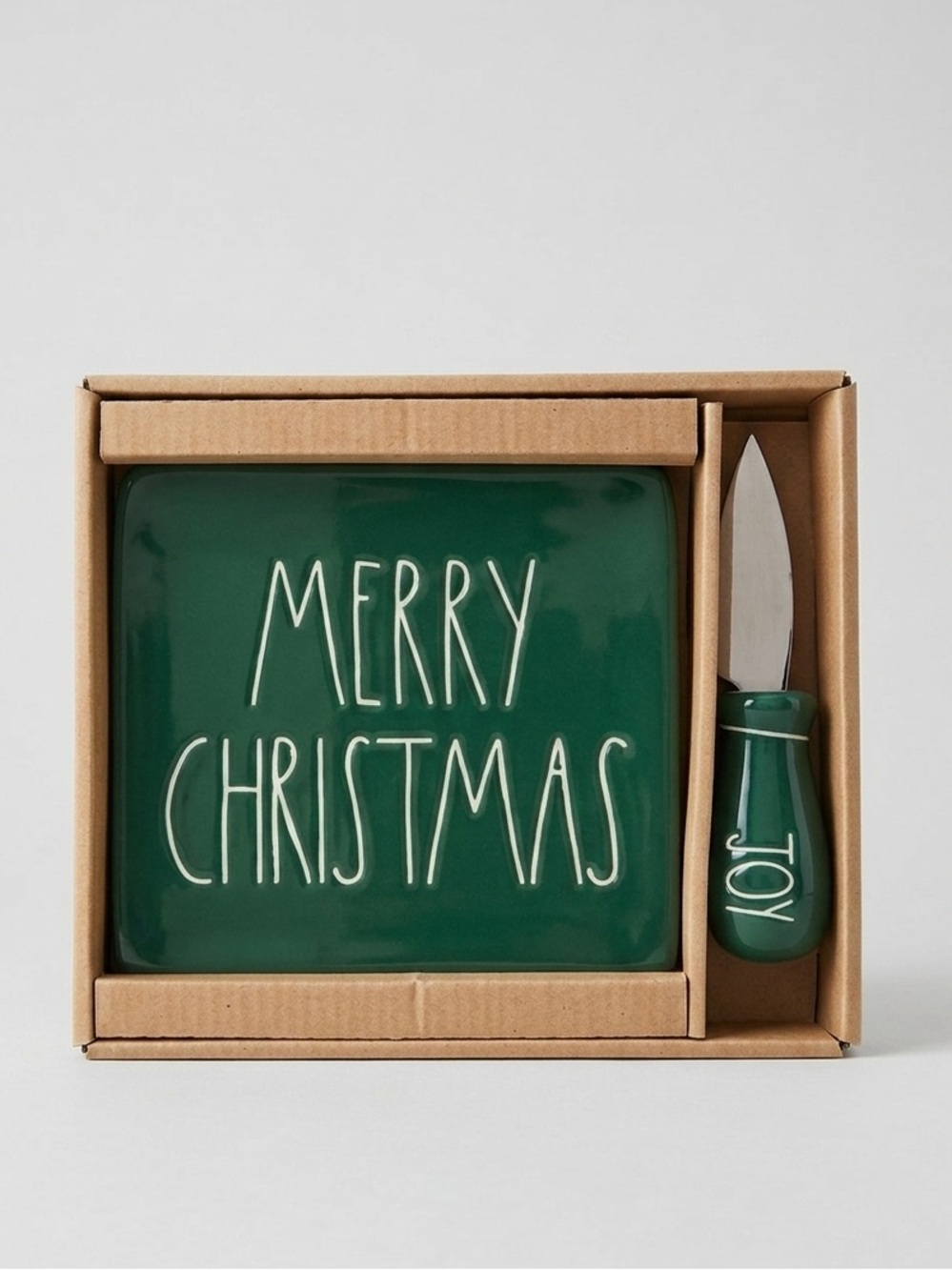Rae Dunn Green Merry Christmas Ceramic Cheese Board Spreader Set Holiday NIB